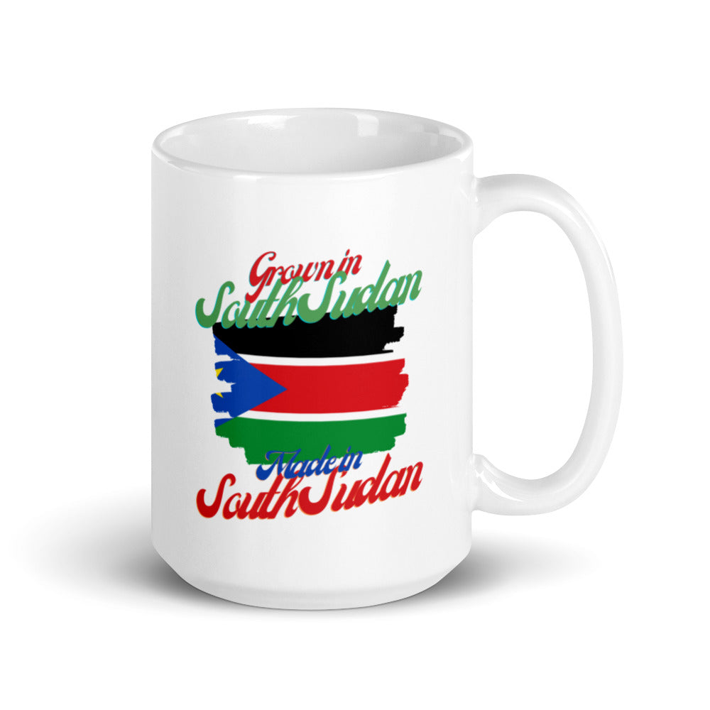 Grown in South Sudan Made in South Sudan White glossy mug